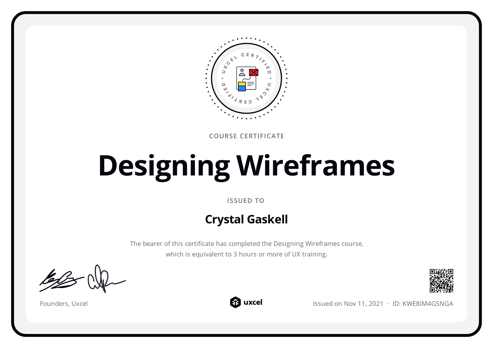 Crystal Gaskell's certificate